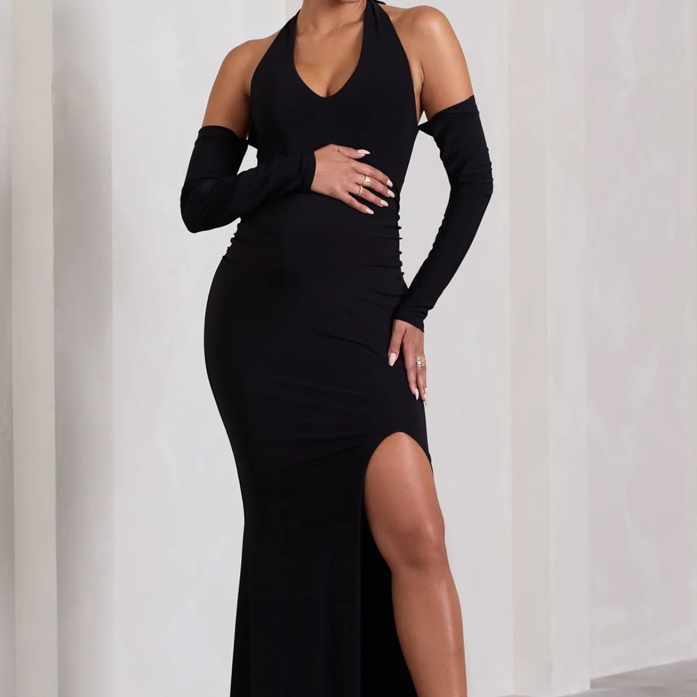Club L London Black Halter Maxi Dress with Thigh Split